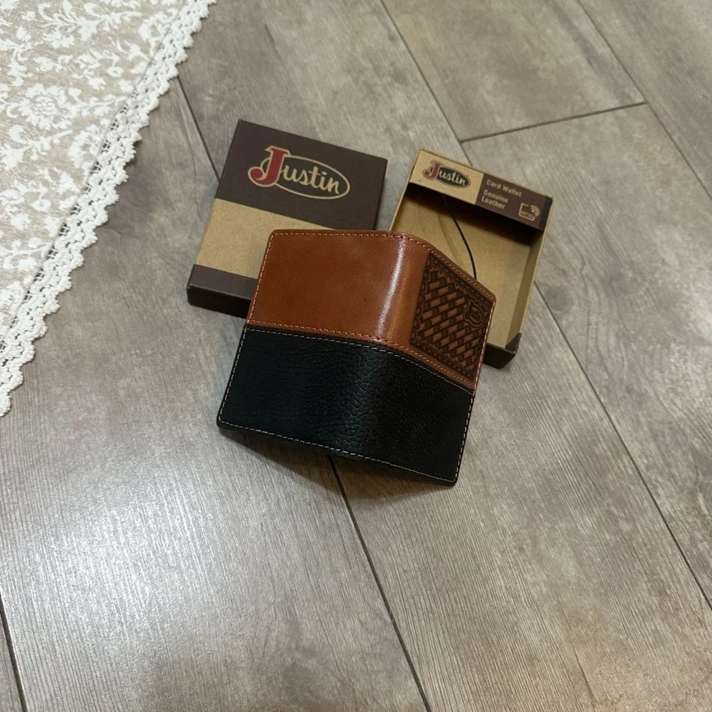 New Justin Boots Mens Leather Wallet Bi Fold Basketweave Card Wallet Brown Black